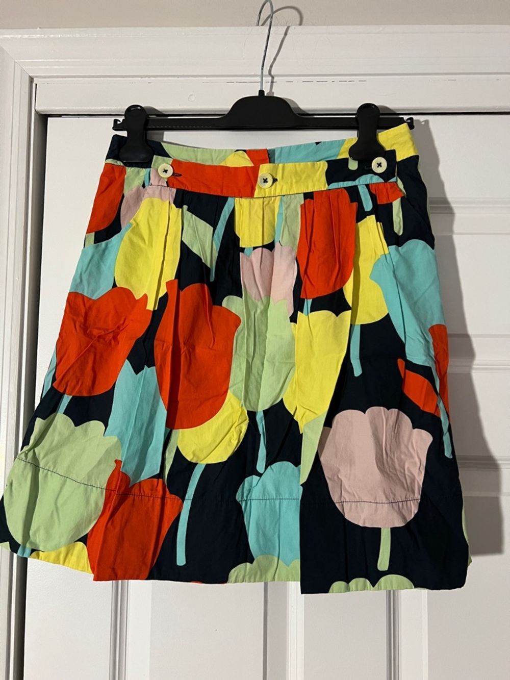 Anthropologie Navy Floral Tulip A-Line Skirt in Red, Yellow, Aqua, Pink, Lime